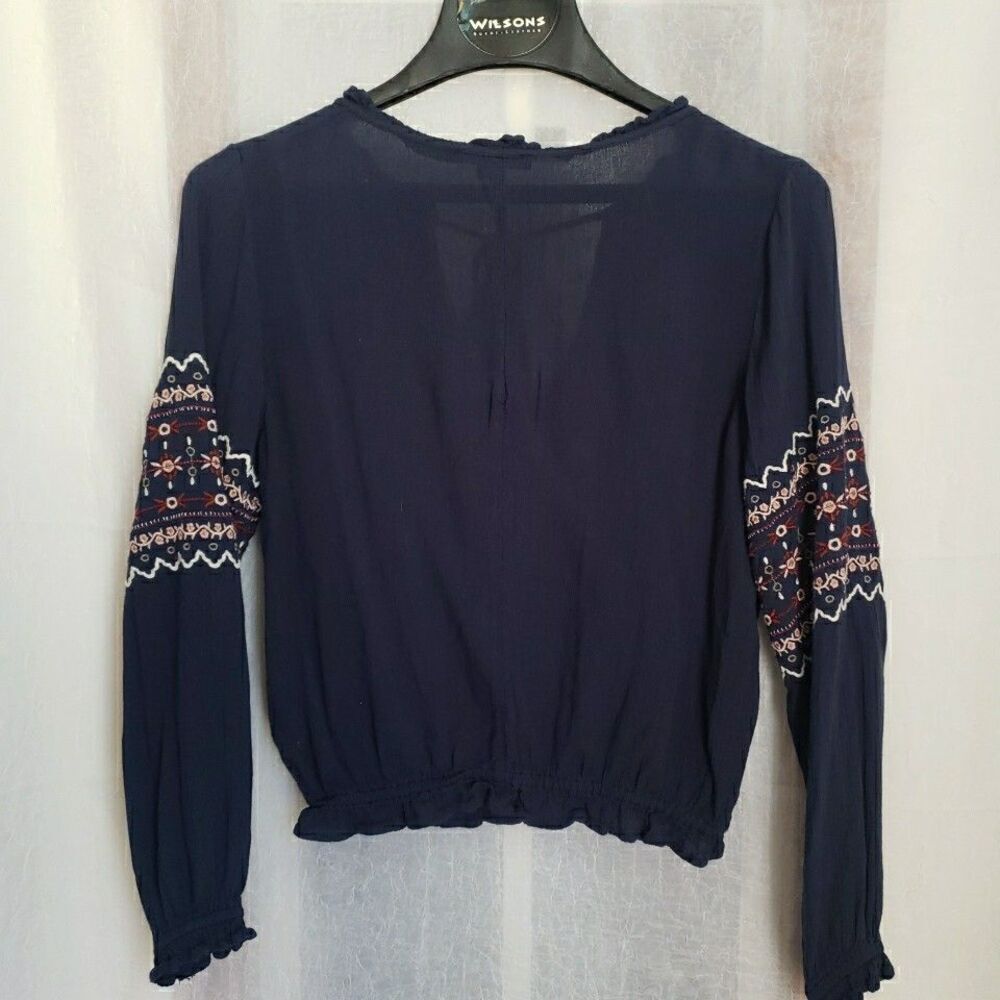 American Eagle Boho Embroidered Tie Neck Top Long Sleeve Semi Sheer Navy Blue XS - Picture 4 of 8